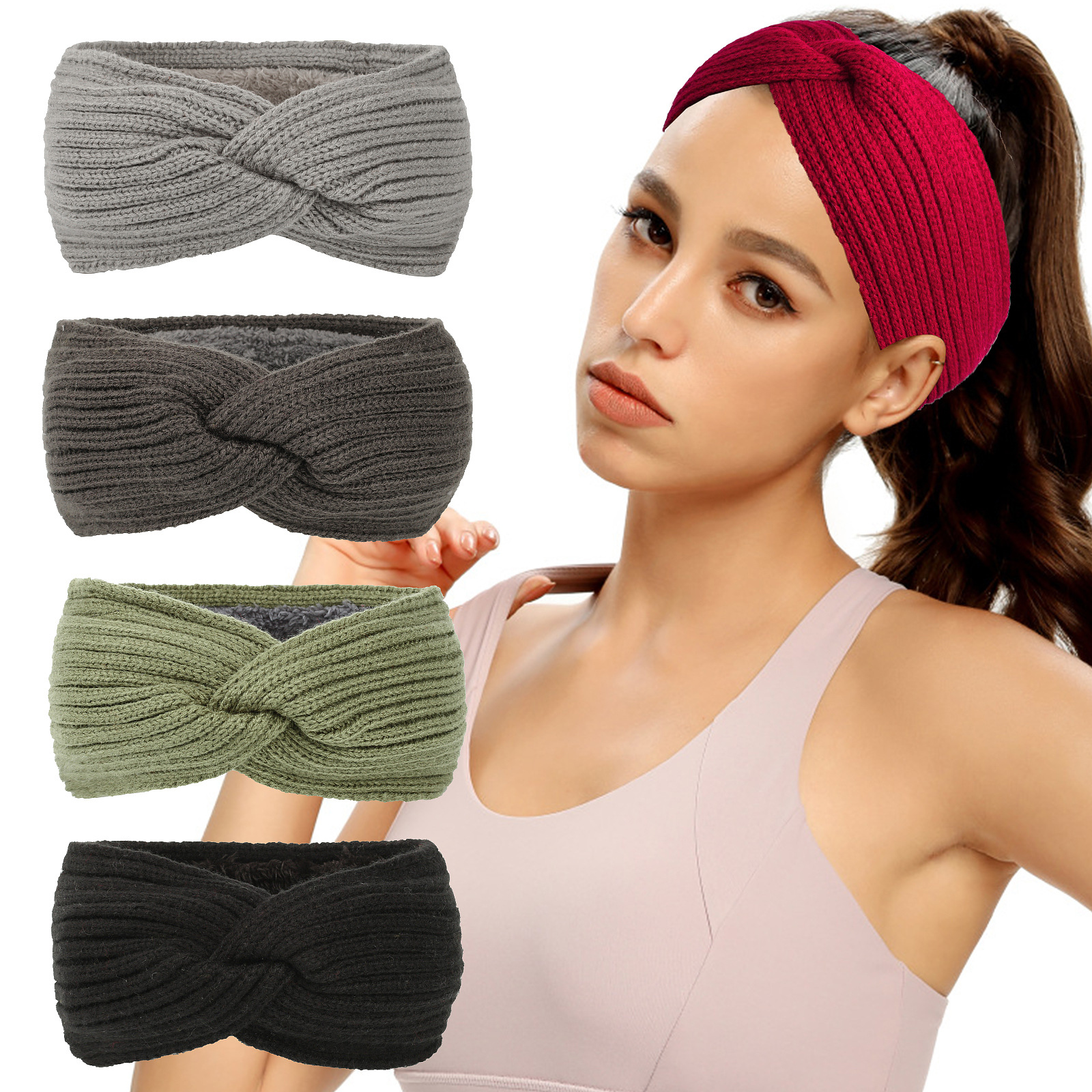 Accessoires pour cheveux tricotés en velours, bandeaux en laine épaisse pour protection contre la chaleur et le froid, bandeaux de sport, protège-oreilles, bandeaux croisés pour femmes_voghion.com