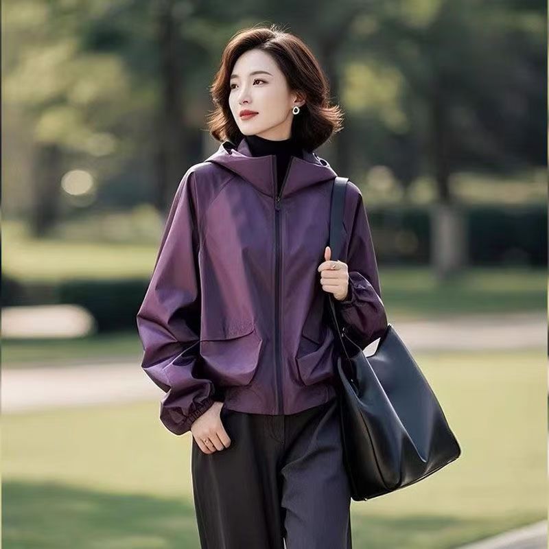 2025新款紫色夹克外套女春秋款厚早春短款春季韩连帽软壳冲锋衣潮|undefined