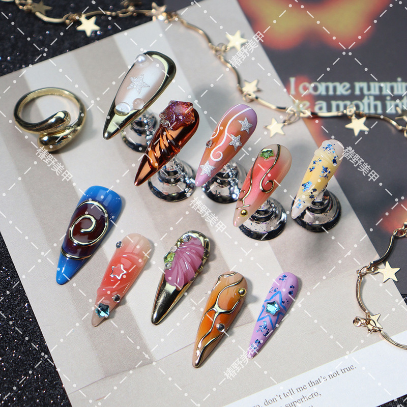 Light Luxury Starry Gemstone Press-On Nails, Sweet and Cool Gradient Metallic Style Manicure, Skin-Brightening Removable Handmade Fake Nails