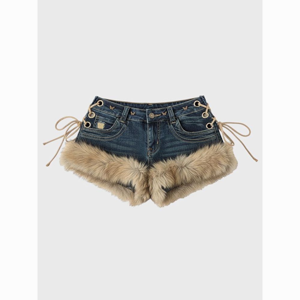 Low-Rise Denim Shorts For Women, Y2K Vintage Frayed Hem Distressed Shorts With Faux Fur Accent, High-Waist Contrast Styling_ecoleips.com
