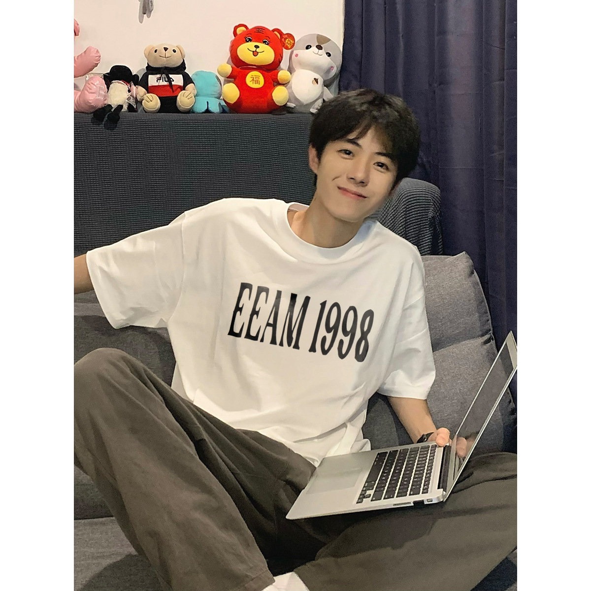 Summer men's round neck printed short sleeved T-shirt loose trendy letter casual youth minimalist base shirt_voghion.com