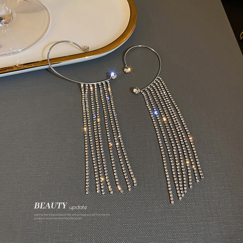 European and American diamond long chain tassel ear hanging ear clip single ins cool style without pierced ear bone clip