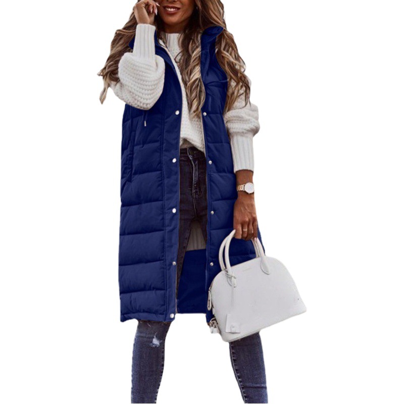 Europa y América nueva moda casual Chaqueta de algodón acolchado de color sólido con capucha chaleco Delgado elegante cardigan sin mangas abrigo de longitud media para las mujeres image 1