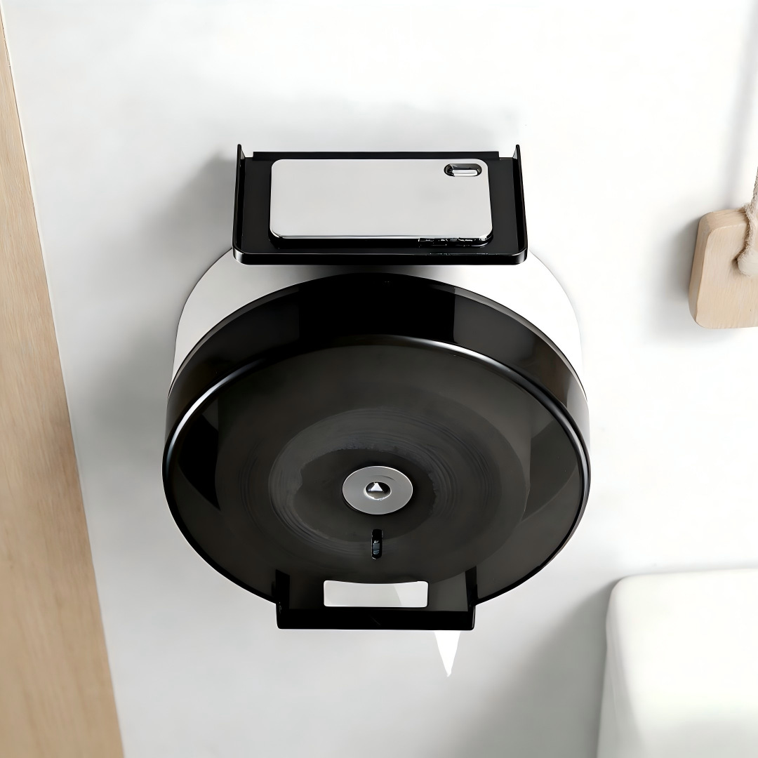 Caja de pañuelos para sala de estar y baño con tapa, soporte de papel higiénico de plástico para montar en la pared, sin necesidad de taladrar.