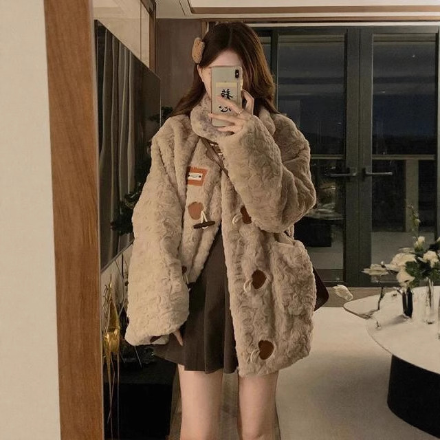 冬季立领牛角扣羊羔毛保暖棉服少女中学生毛茸茸加厚皮草外套大衣