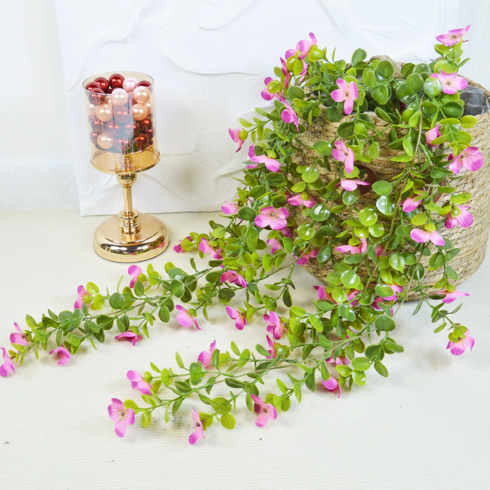 Cross-border supply of simulated rattan 97cm small pink flower green rattan wedding decoration indoor and outdoor