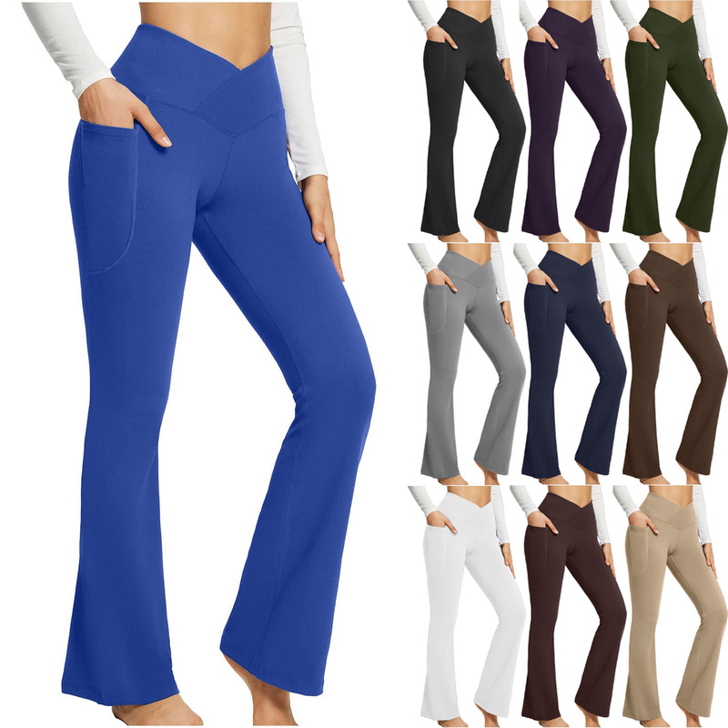2024 Spring and Summer Amazon Quality Solid Color Casual Micro High Waist Slim Fit Wide Foot Yoga Fitness Pants Women's Wear
