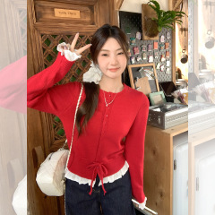 红色抽绳针织衫女蕾丝花边假两件长袖T恤早秋穿搭单排扣显瘦上衣