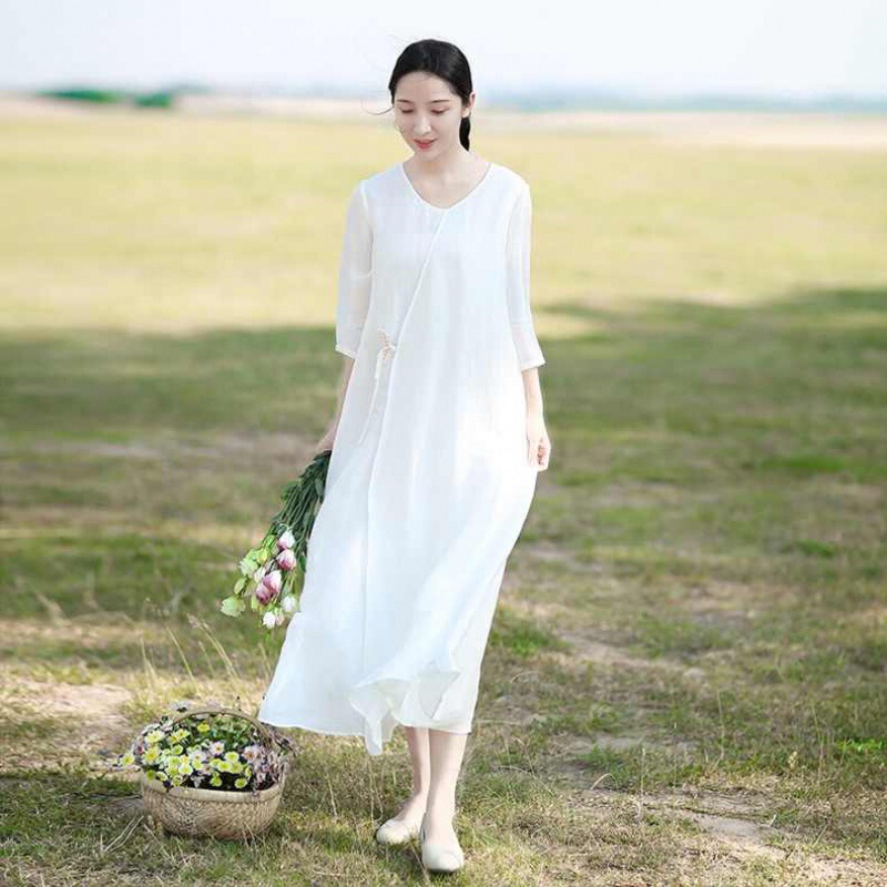 Chinese Style Cotton and Linen Dress for Women, Summer 2026, White, Zen-Inspired, Flowing, Plus-Size, Vintage Tea Dress, Zen Dance Long Dress