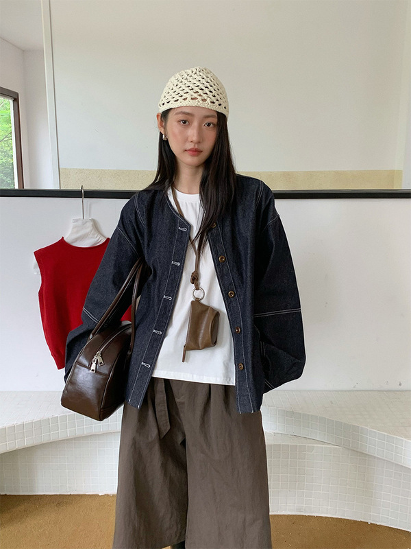 苏奈 复古港风明线简约休闲牛仔外套女25秋宽松百搭上衣fromanna|undefined