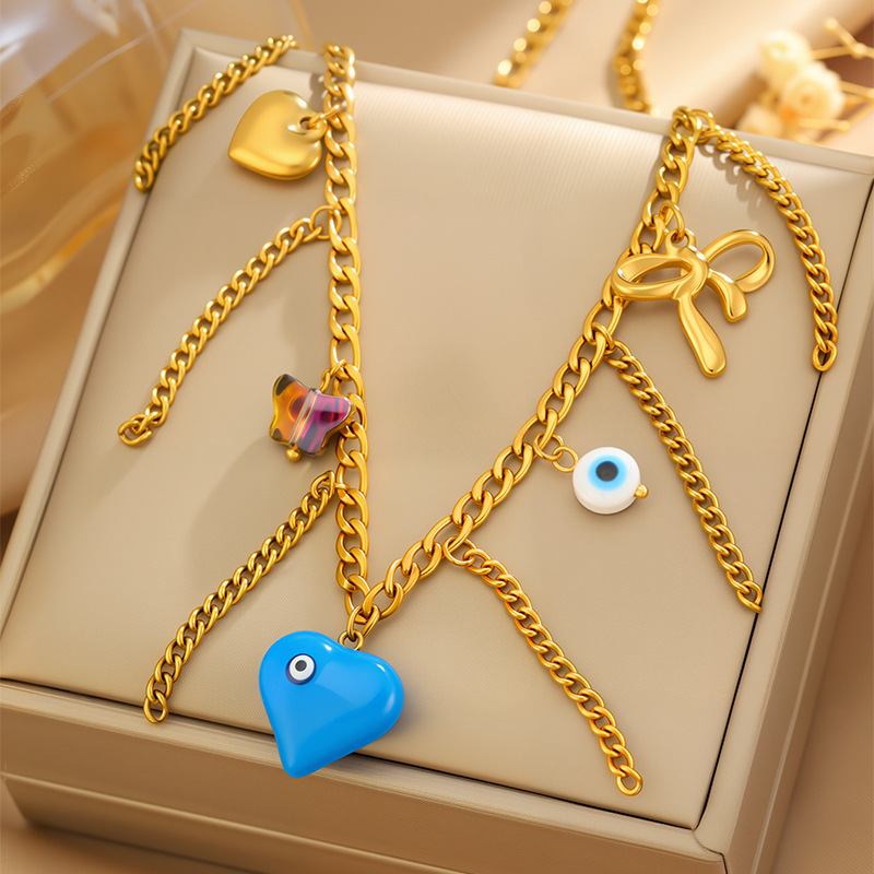 Collar de acero inoxidable Collar de amor de aceite de goteo de ojo de diablo retro Bow de lazo transfronterizo Joyas que no se desvanecen image 1