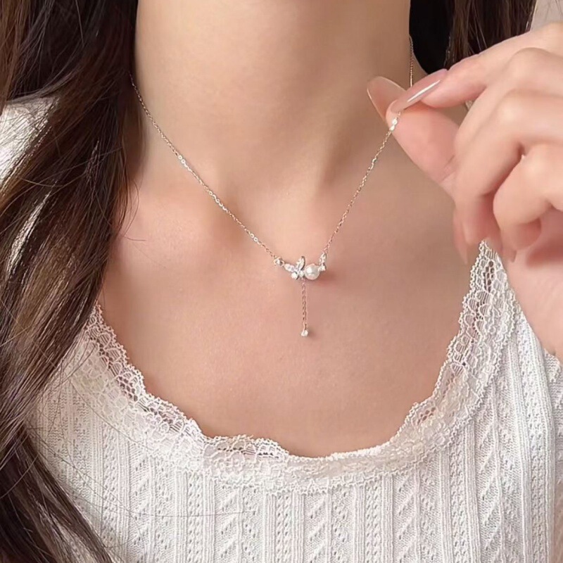 S925 スターリングシルバー天然淡水真珠蝶ネックレス女性の韓国スタイルの夏の新しいニッチデザインタッセル鎖骨チェーン|undefined