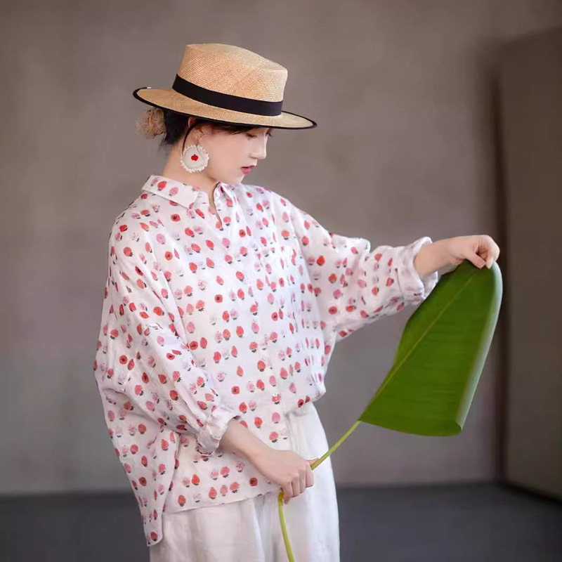 Autumn New Artistic Retro Original Women's Strawberry Red Floral Linen Light Lapel Cardigan Sun Protection Shirt