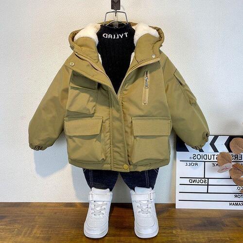 Boys' Fleece-lined Warm Hooded Coat for Autumn/Winter, Thick Cotton Padded Jacket, Stylish and Trendy for Older Kids and Toddlers, Outerwear