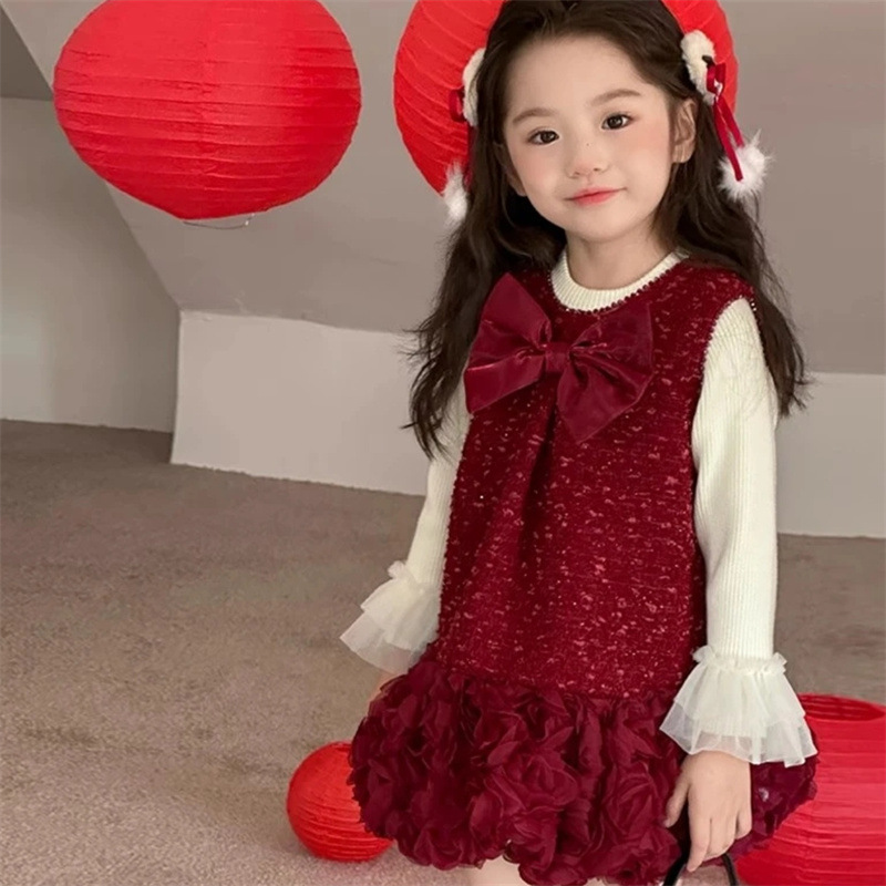 Jubileo vestido de la princesa de las niñas, vestido de aniversario, nuevo chaleco de invierno de mujeres, vestido de lana, vestido de Año Nuevo rojo