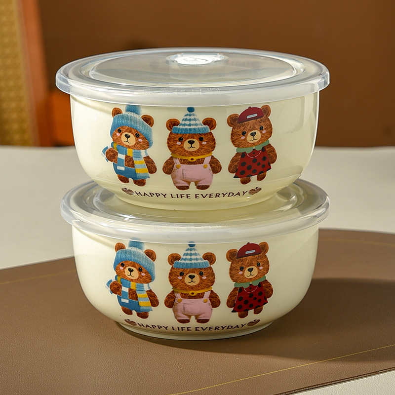 Cuencos de cerámica de tres piezas con cubierta de caja de preservación de microondas sellado de bento para estudiantes de almuerzo de oso grande