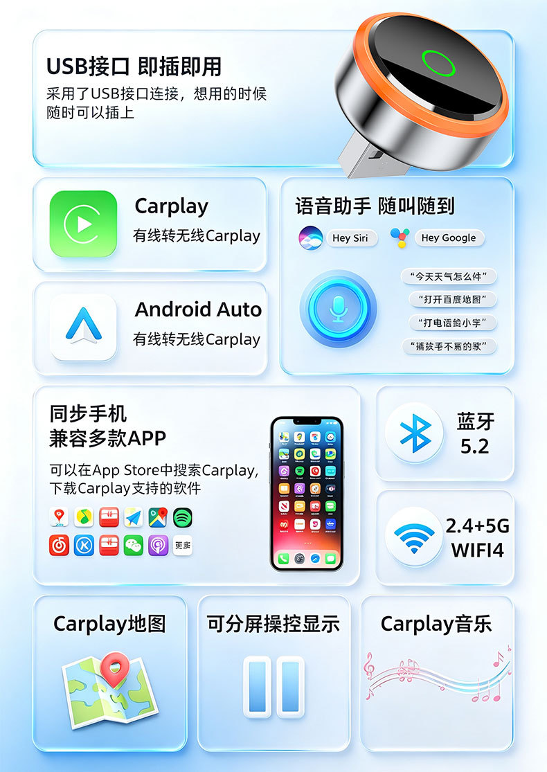 Suitable for wireless CarPlay and Android Auto car navigation systems; a 2-in-1 wired-to-wireless adapter for in-car use, enabling screen mirroring