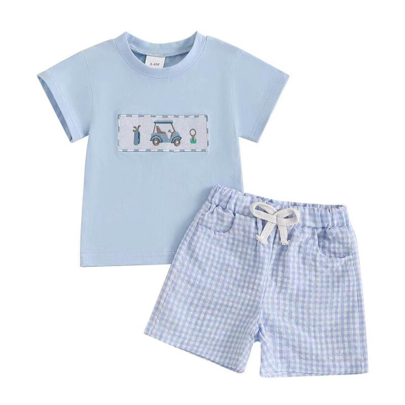 Summer Baby Boys Casual Outfit Golf Theme Embroidery T-Shirt + Plaid Shorts Children's Two-Piece Set