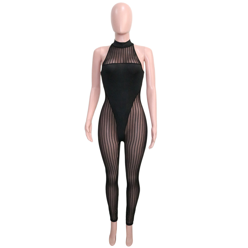 Sexy Bold Stripes Mesh See-through Sleeveless round Neck Jumpsuit for Women