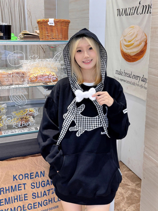 设计感小众刺绣格子连帽卫衣女2025新款早秋季薄款宽松慵懒风上衣|undefined