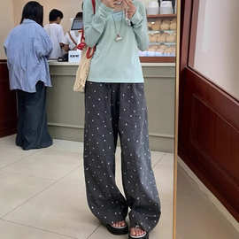 韩系ins春夏宽松休闲长裤慵懒风直筒裤提花点点高腰垂感休闲裤潮