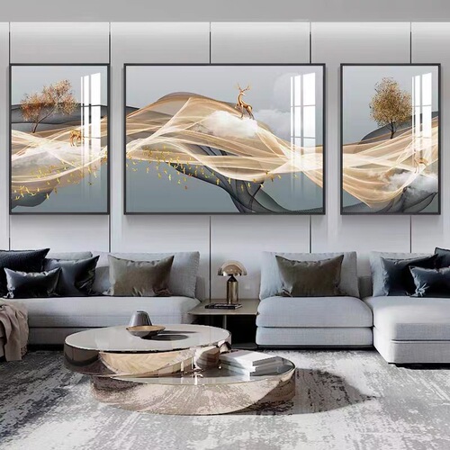 Living room decoration painting, modern simple and elegant sofa background wall painting, bedroom light luxury streamer elk triple crystal porcelain painting