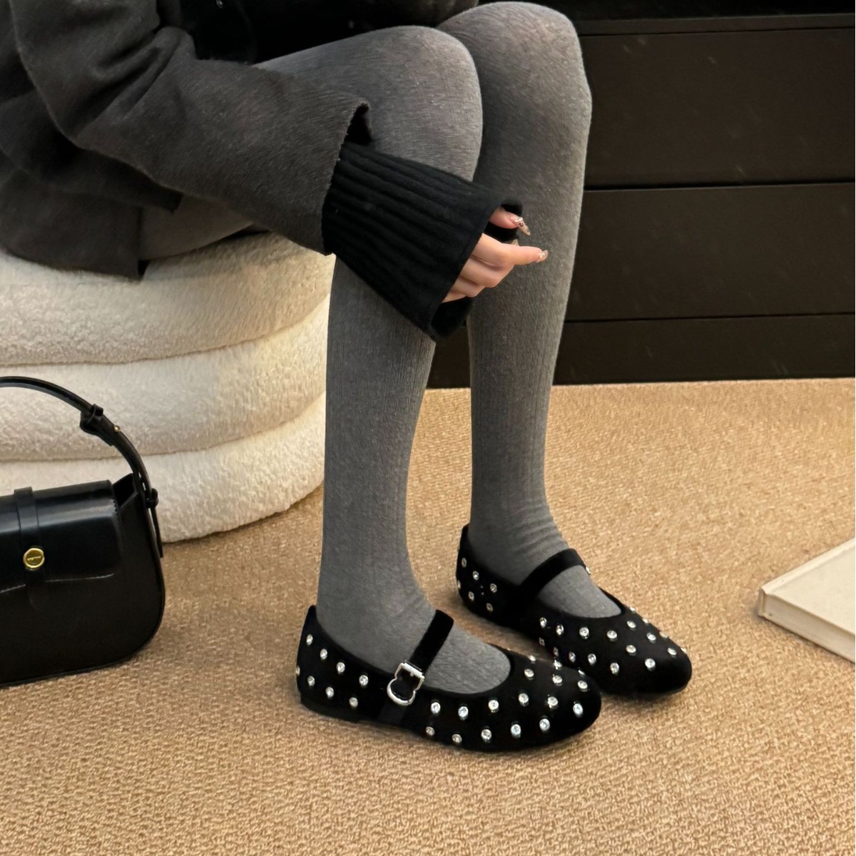 Genuine Leather Rhinestone Single Shoes For 2024 Autumn Matching Dress Pregnant Women Soft Sole Loafers Mary Jane Spring_vogvips.com
