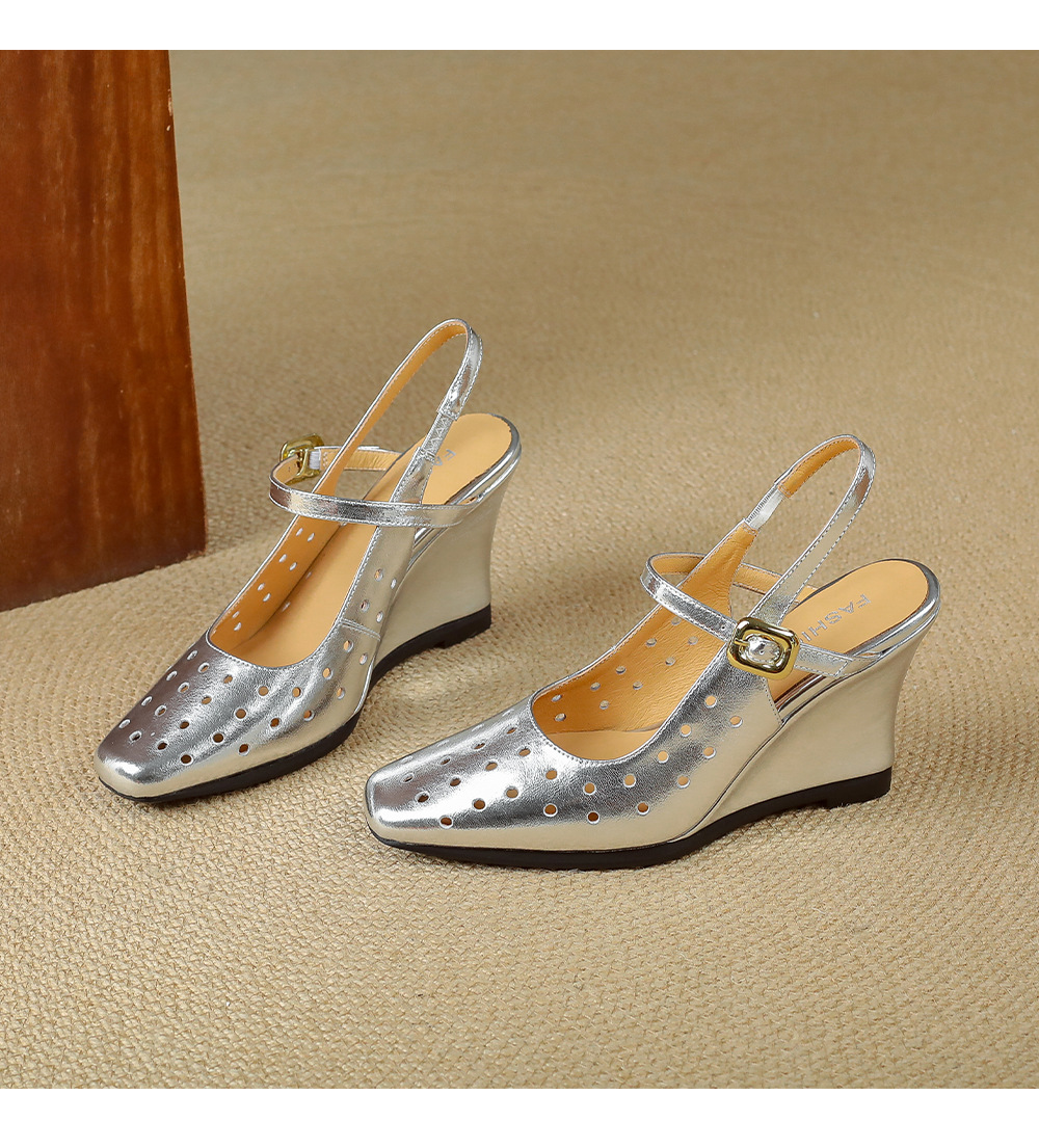Sandal cao gót nữ mũi vuông quai ngang đế xuồng da thật lỗ thoáng khí — màu vàng, Trắng sữa, bạc chi tiết 16