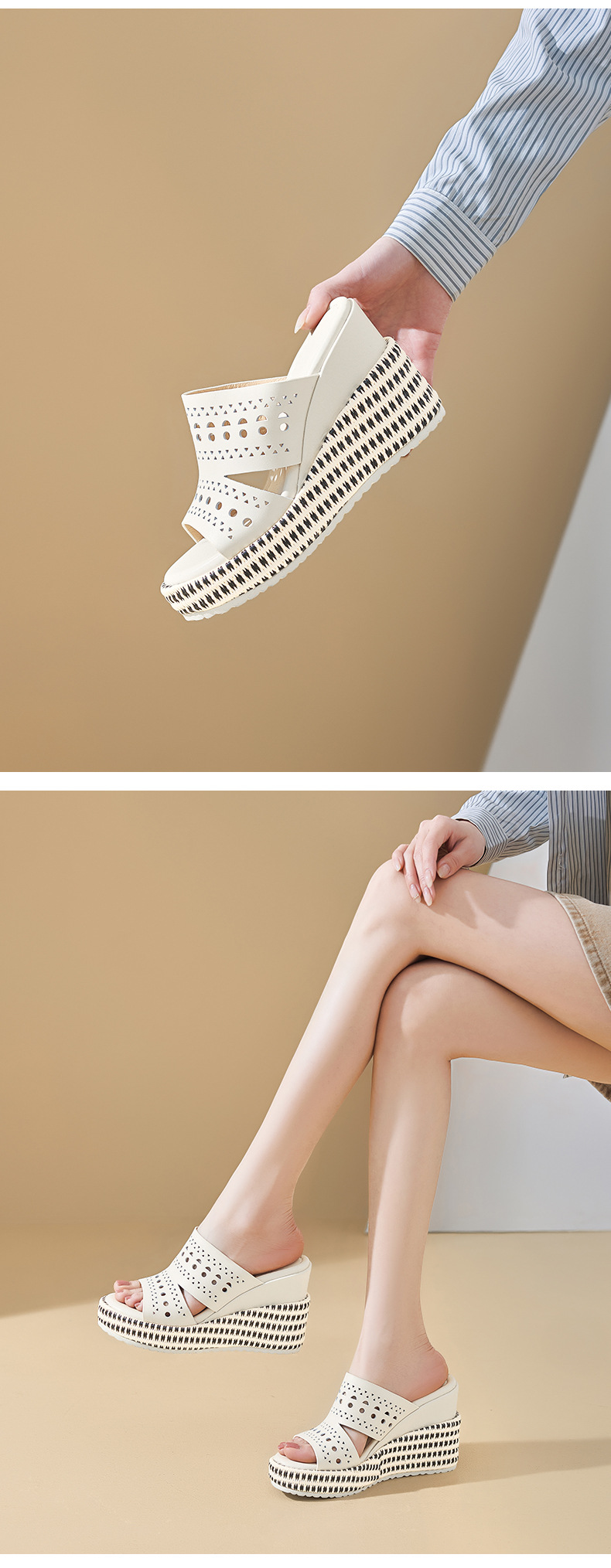 Sandal hở mũi nữ da bò cao cấp đế xuồng tăng chiều cao — màu đen, Trắng kem-, màu mơ chi tiết 6