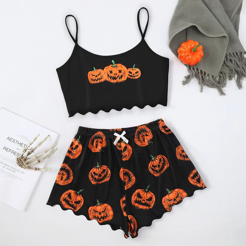 Halloween Pumpkin Print Sleeveless Camisole Top and Shorts Loungewear Pajama Set for Women