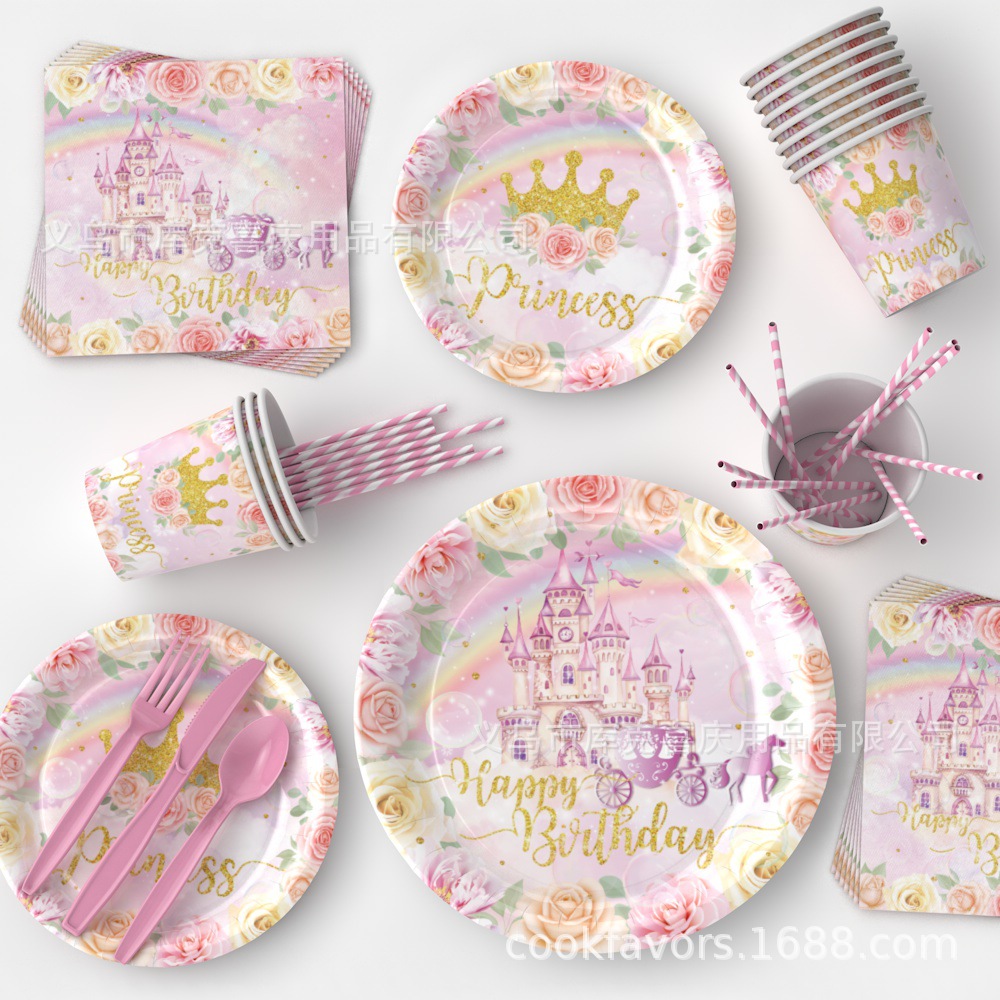 Nuevo castillo de ensueño tema de fiesta de cumpleaños artículos de decoración público bandeja de papel desechable taza de papel conjunto de decoración de toallas