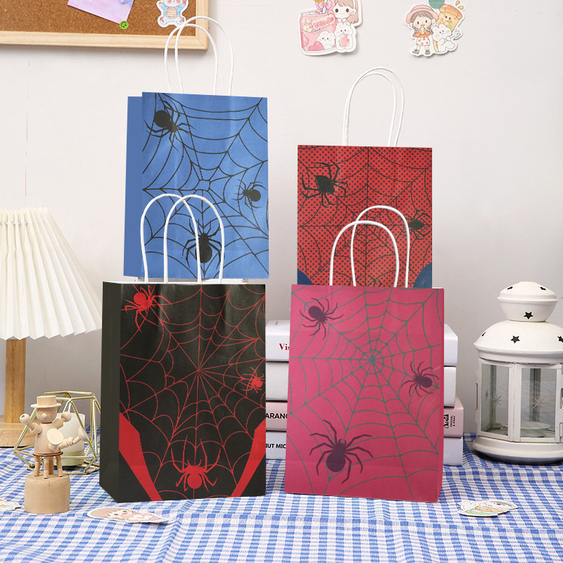 新款跨境购物袋蜘蛛印花礼品包装袋牛皮纸手提袋派对礼品袋