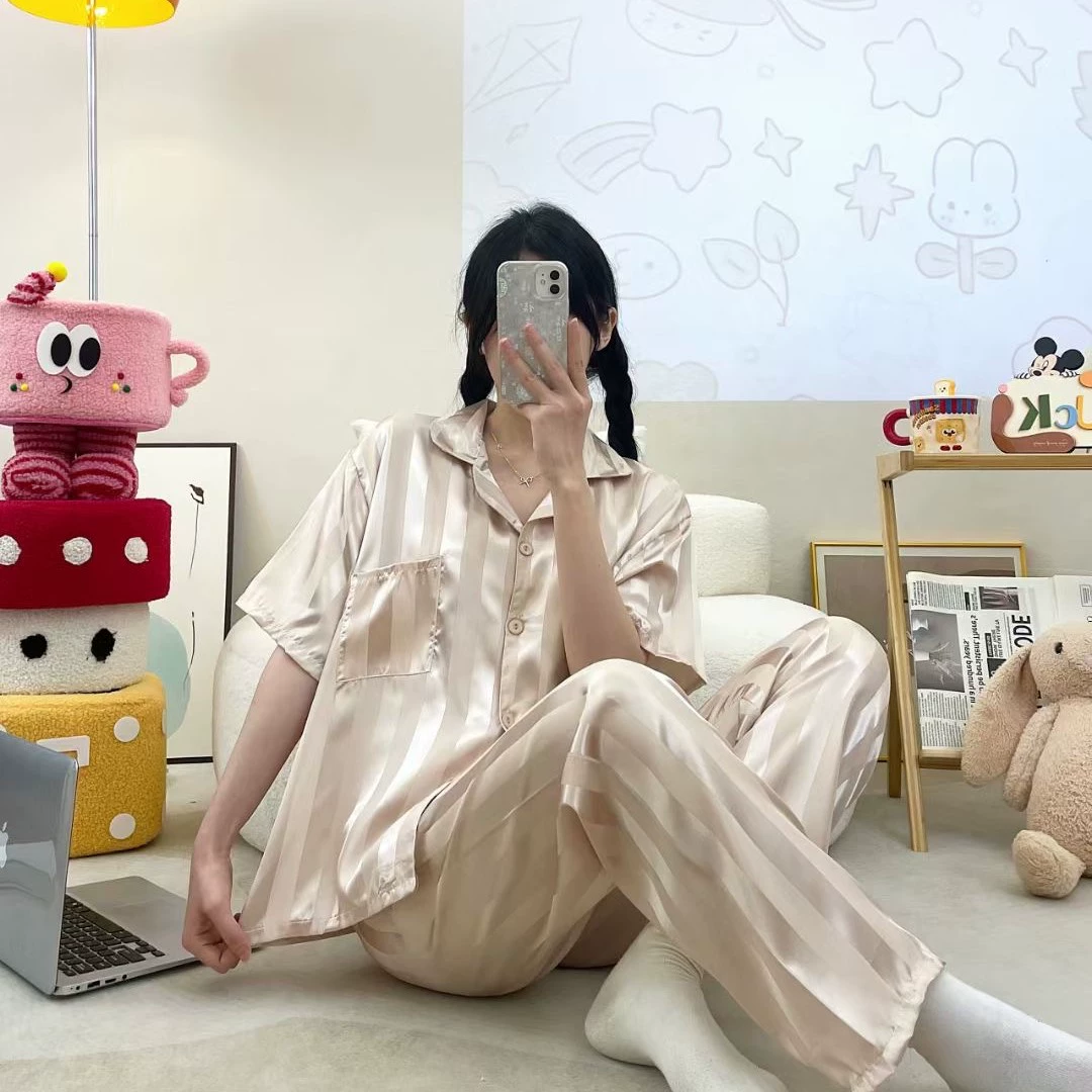 Прямые продажи с фабрики, весенне-летние пижамы из искусственного шелка, женский жаккардовый кардиган с короткими рукавами, свободный простой костюм большого размера из двух предметов