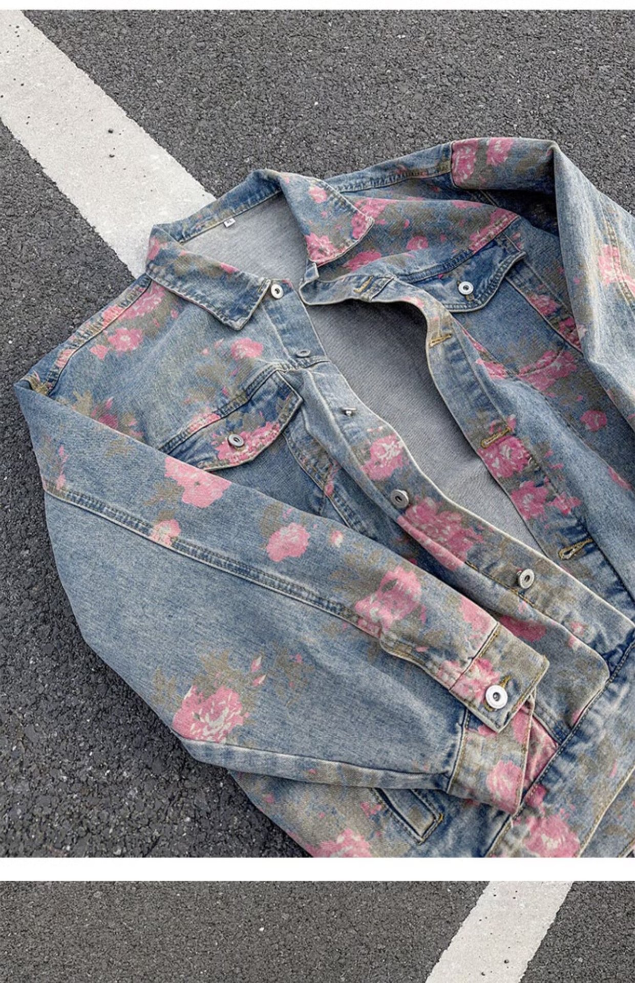 Men's Clothing Unisex Floral Print Denim Jacket Spring Autumn Trendy Designer Collared Workwear Jacket American High Street Style_mkmklike.com