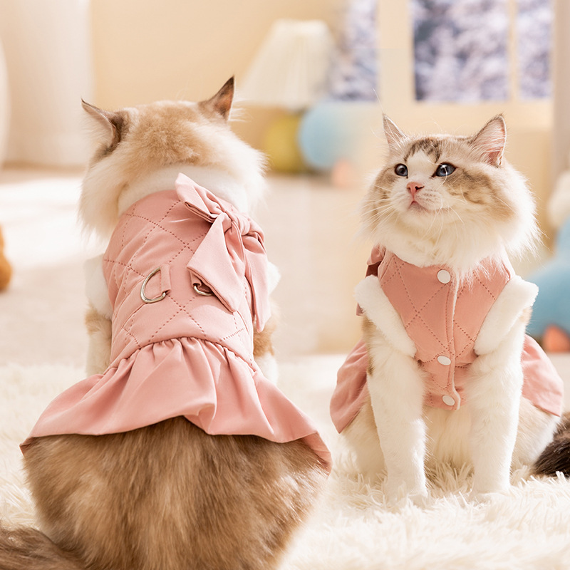 고양이 가을, 겨울 공주 스타일 큰 활 드레스 개 스커트 테디 코튼 코트 애완 동물 고양이 옷 겨울