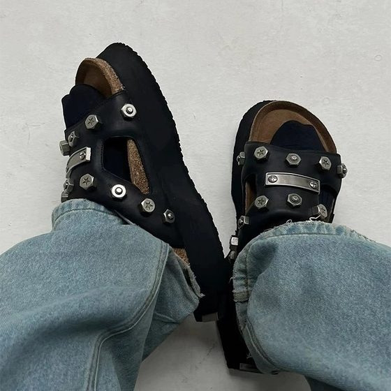Niche Functional Rivet Slippers Women's Summer Thick-soled Genuine Leather Outwear Half Slippers Shoe Sandals Women's Shoes
