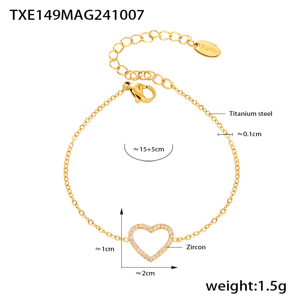 Square Sugar Ins Heart-shaped Handmade Zircon Double Layered Collarbone Necklace Bracelet Set Titanium Steel PVD Electroplating Color Preservation_voghion.com