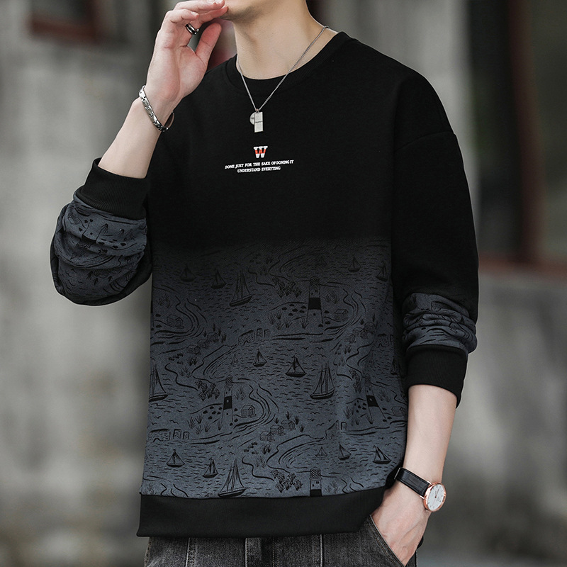 Camiseta de manga larga para hombres primavera y otoño suelta chaqueta de moda marca casual de cuello redondo ropa de moda camiseta de base para hombres