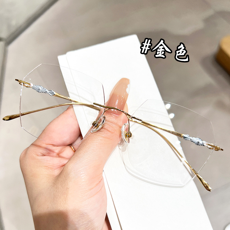 無邊框超輕近視眼鏡框女純欲大臉素顏防藍光鑽石切邊眼睛架8906-A