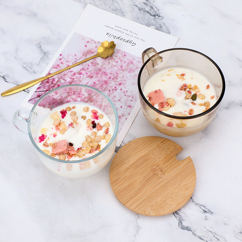 Tea-colored breakfast cup, household high-temperature resistant milk cup, wooden lid, flower tea water cup, coffee glass cup, wholesale logo printing