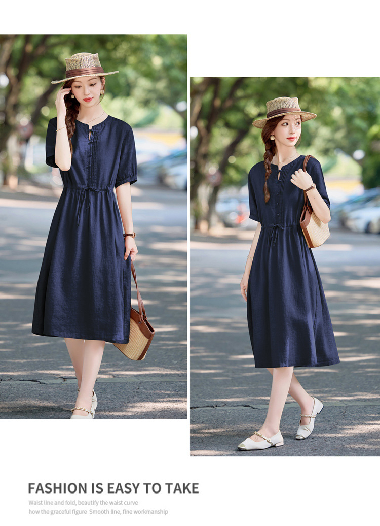 Đầm maxi nữ thắt eo cotton linen 2025 form rộng thanh lịch — màu sắc, Xanh lông mòng đen chi tiết 21