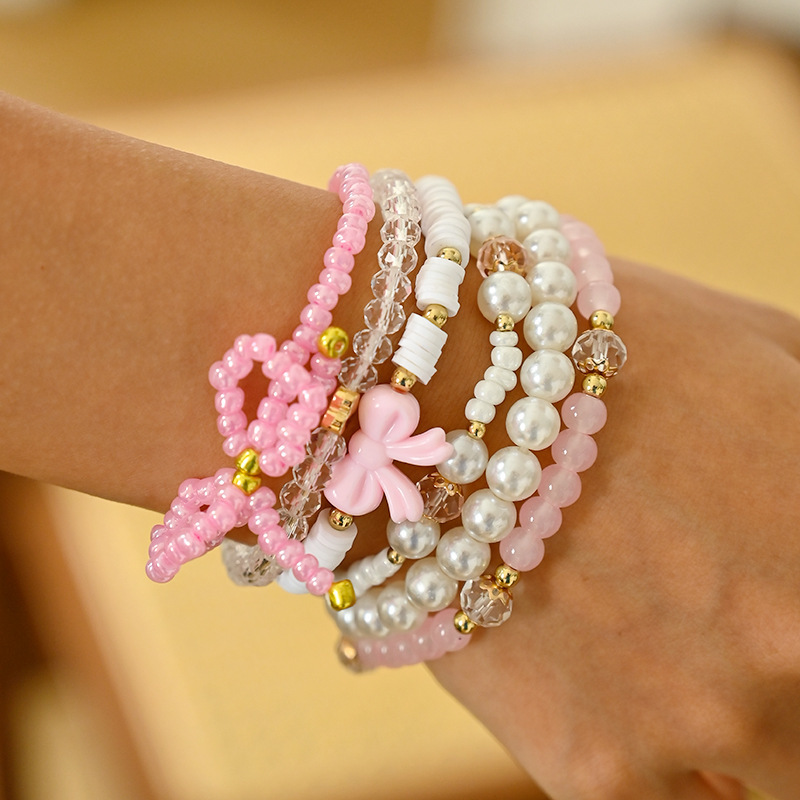 European and American Cross-Border Hot-Selling Sweet Style Pink Girly Love Bow Pearl Beaded Bracelet Multi-Piece Set for Women European and American Cross-Border Hot-Selling Sweet Style Pink Girly Love Bow Pearl Beaded Bracelet Multi-Piece Set for Women