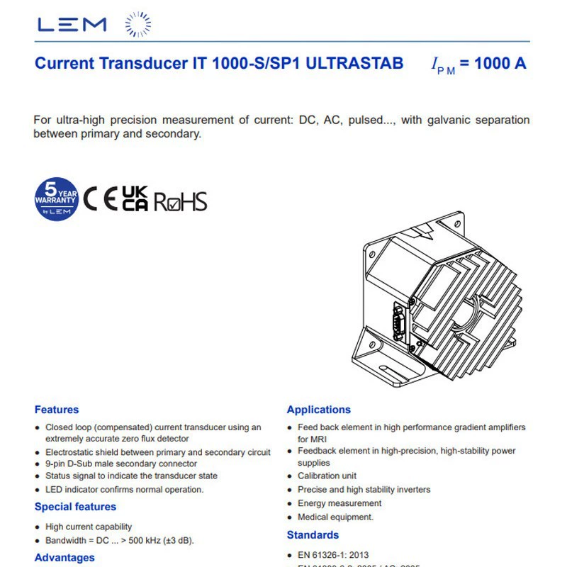 Датчик тока с эффектом Холла IT1000-S/SP1 LEM, трансформатор тока, высокая точность