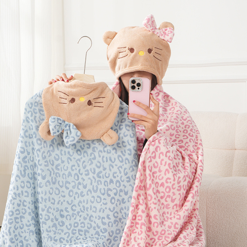 Japanese-Style Sweet Cartoon Kt Cat Black Hello Kitty Hooded Bath Towel Coral Fleece Cape Warm and Absorbent