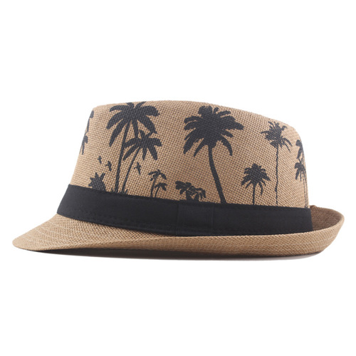 Men's Jazz Hat Palm Print Coconut Tree Pattern Roller Brim Straw Hat Summer Vacation Couple Beach Hat Sun Hat