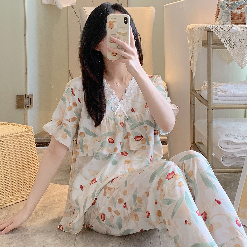 Cotton Silk Pajamas Women's Summer Thin Anti-bump Short-sleeved Artificial Cotton suit plus size Outwear Loose Korean Style Home Clothes Cotton Silk Pajamas Women's Summer Thin Anti-bump Short-sleeved Artificial Cotton suit plus size Outwear Loose Korean Style Home Clothes