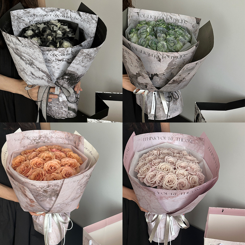 网红花束手提袋大理石纹花束包装纸高级感鲜花包装抱抱袋批发