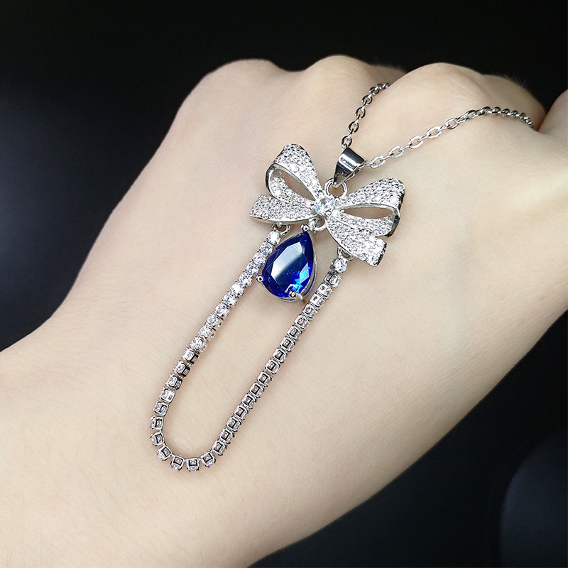 Sweet Water Droplets Bow Knot Copper Inlay Zircon Necklace 1 Piece