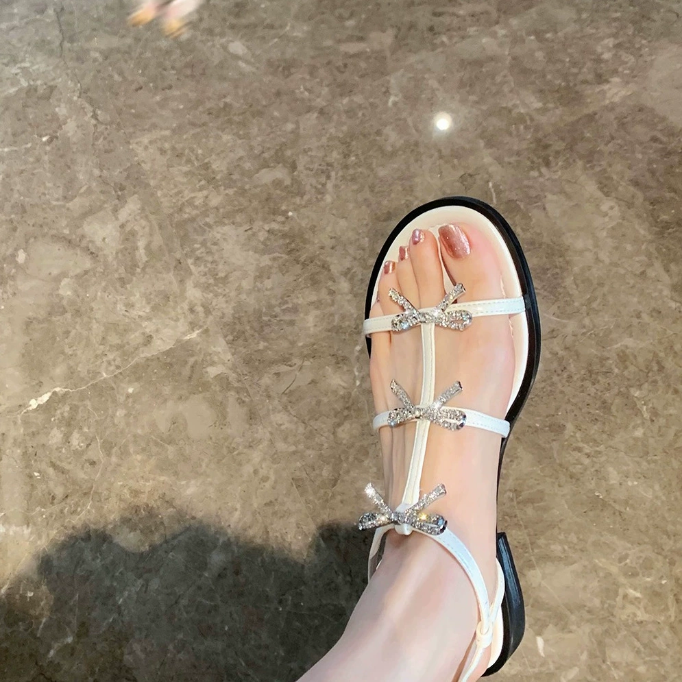 Версия из овчины ~ Блестящие римские сандалии на плоской подошве со стразами и бантом для женщин, летние французские сандалии с открытым носком на мягкой подошве и тапочки