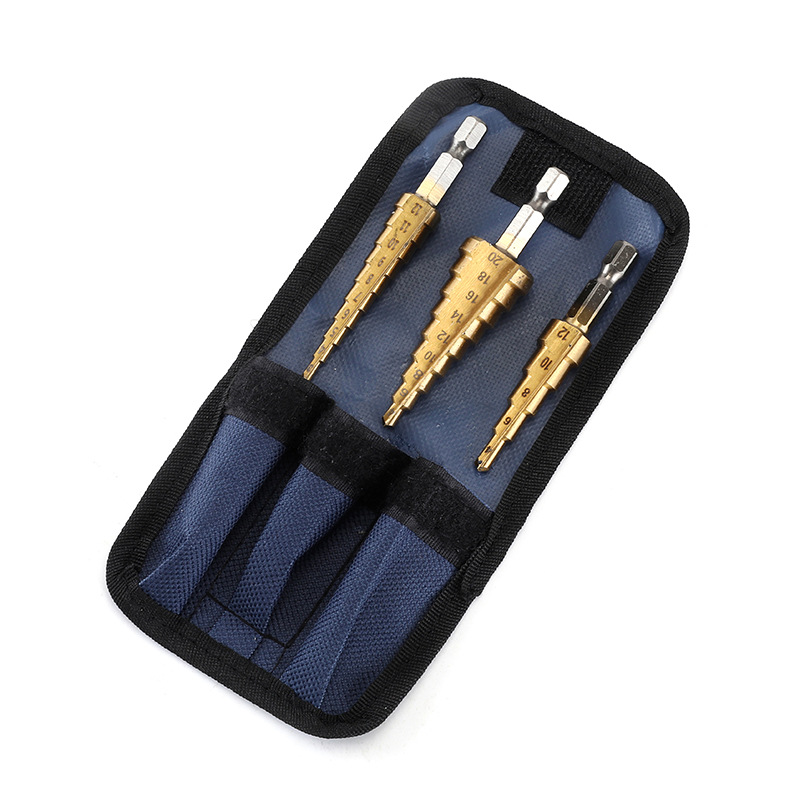 Taladro de pagoda Mango hexagonal de 3 piezas ranura recta métrica perforadora de titanio perforadora escalonada taladro escalonado de tres piezas